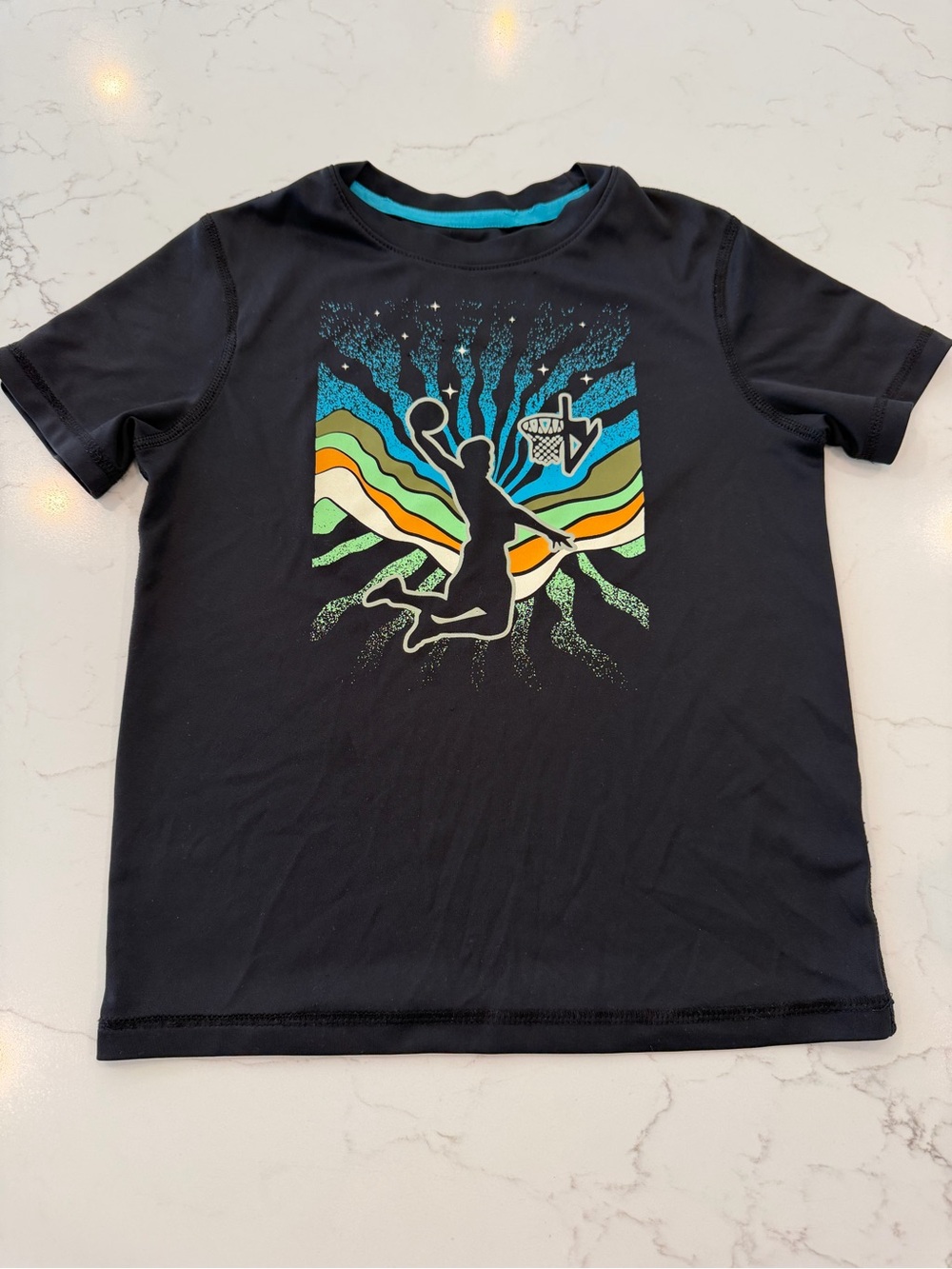 Boys Black Basketball Graphic Tee with Colorful Retro Waves